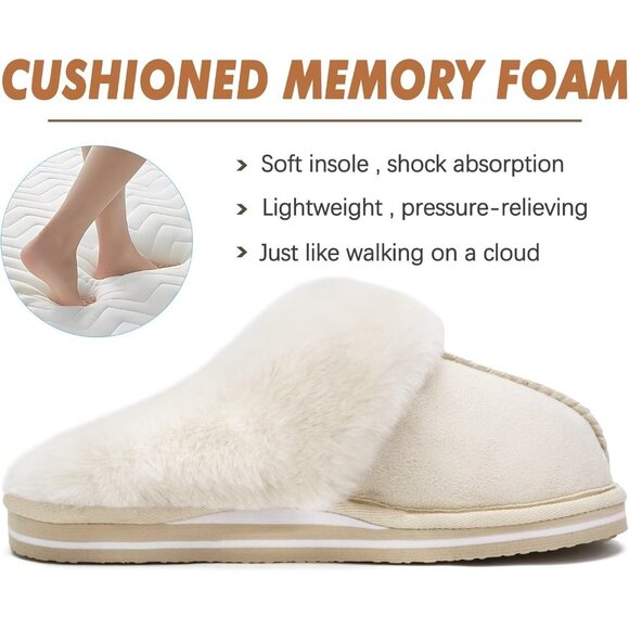 ⚡Women Cream Suede Fluff Dual Memory Foam Arch Support Warm Scuff Slipper - Picture 3 of 6